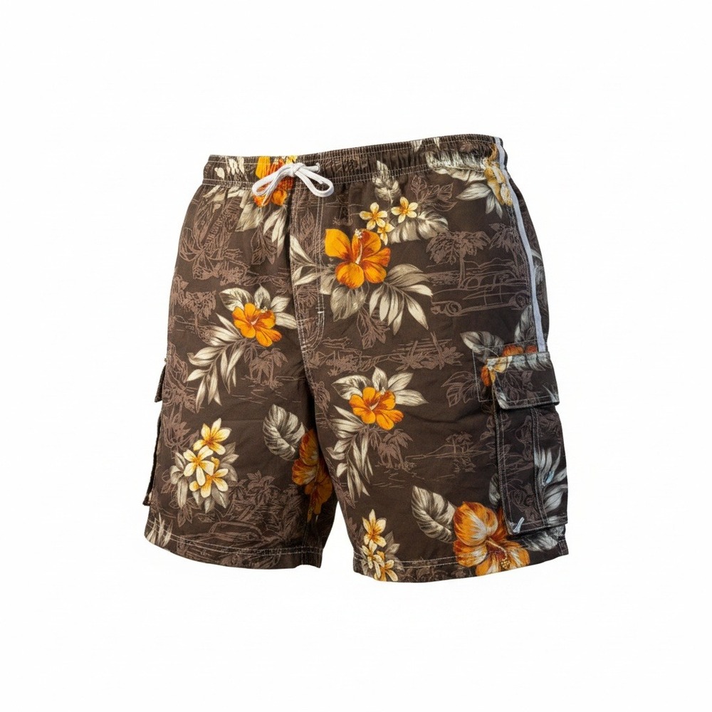 Caribbean Joe Mens XL Brown‎ Tropical Floral Cargo Swim Trunks Board Shorts